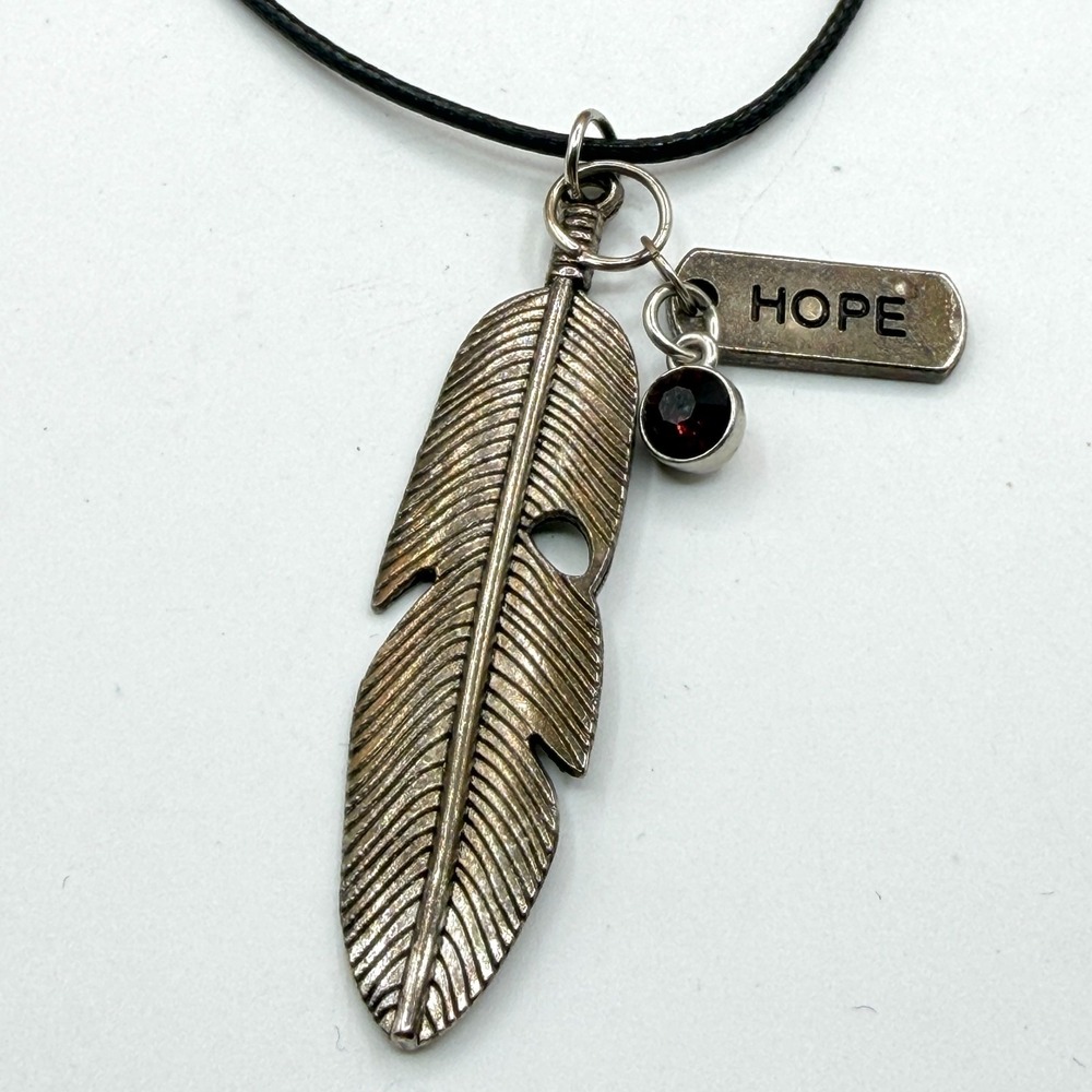 Hope Feather Pendant Necklace Silver Tone Red Crystal Black Cord Boho Charm